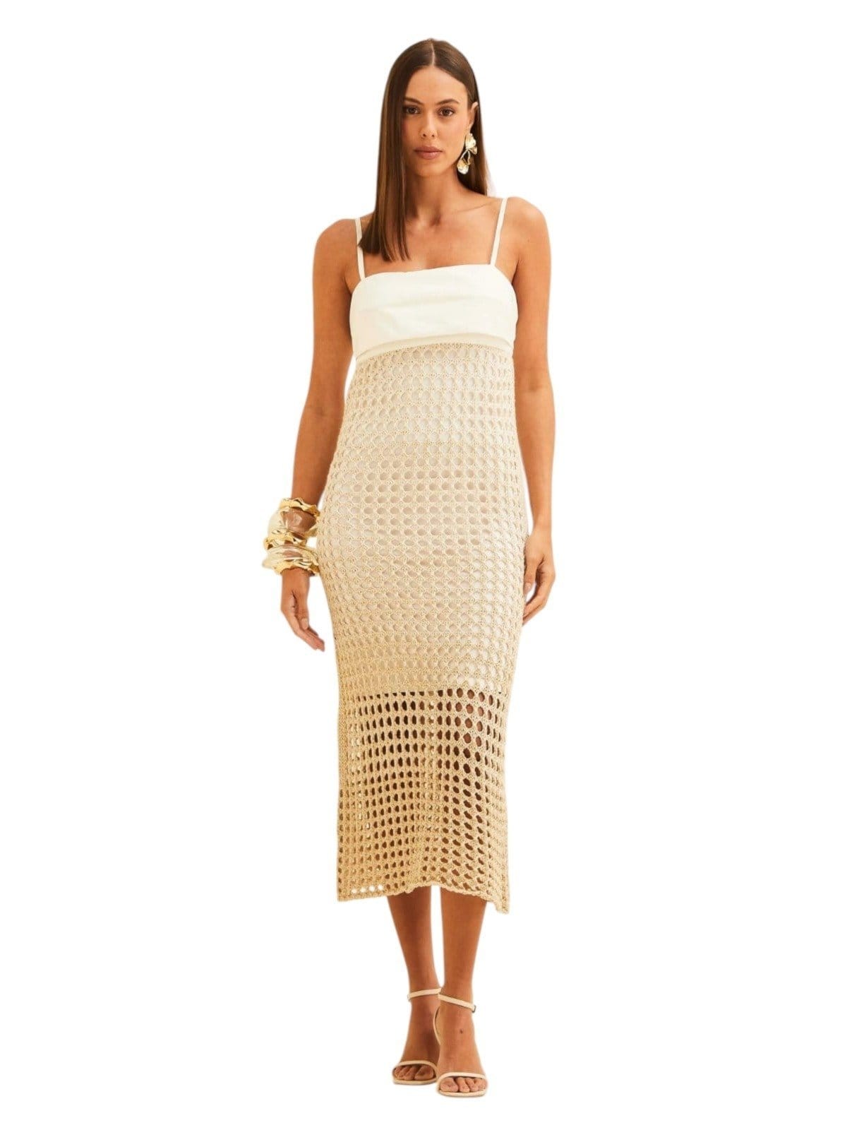 Vista principal Vestido Forum Detalhe Croche Offwhite com fios Dourados e Linho Forum off-white offwhite
