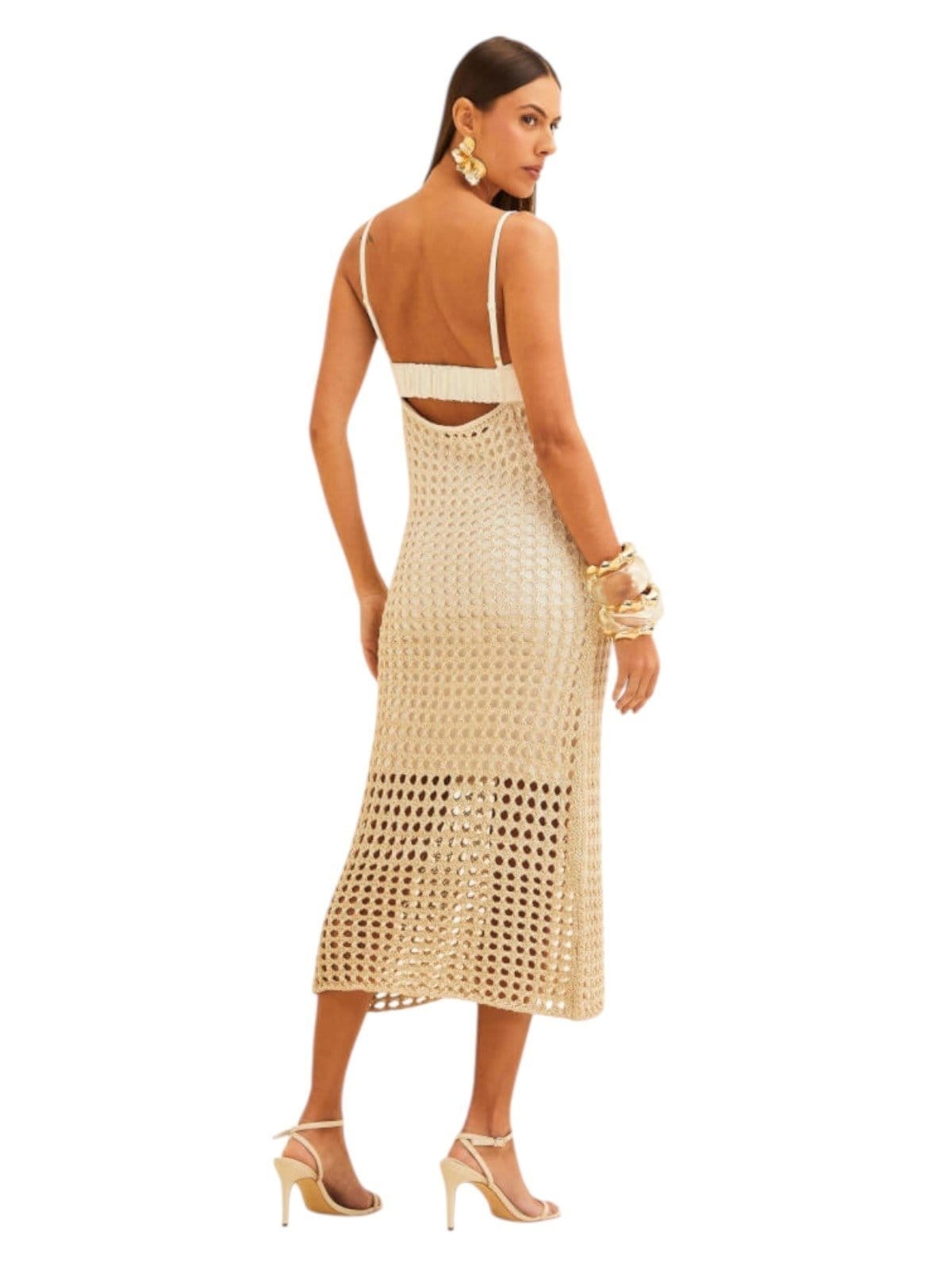 Vista 2 Vestido Forum Detalhe Croche Offwhite com fios Dourados e Linho Forum off-white offwhite