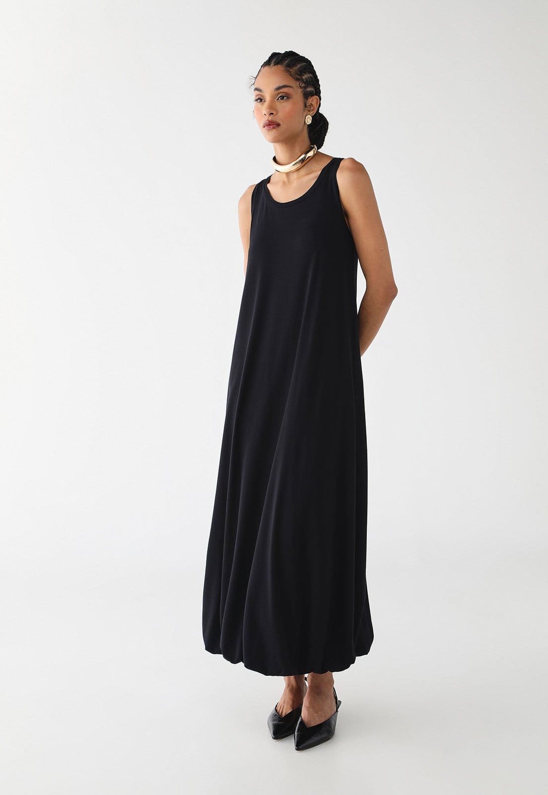 Vista 2 Vestido Midi Feminino CaCay Balonê Nadador CaCay preto