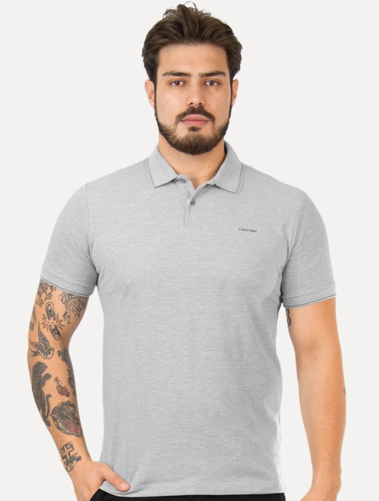 Vista principal Polo Calvin Klein Piquet Regular Básica Friso Mescla Calvin Klein cinza