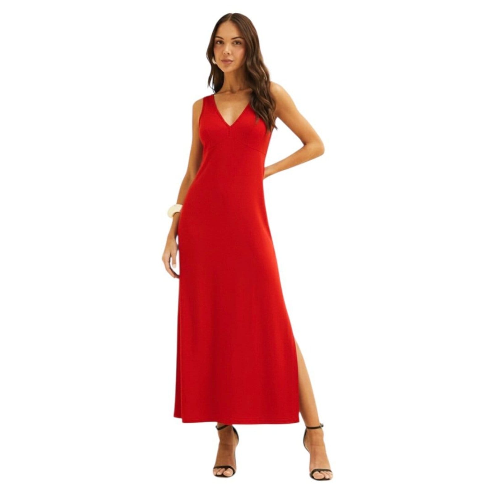 Vista principal Vestido Reto Em Linho Com Fenda Lateral Forum Sparkly Forum vermelho