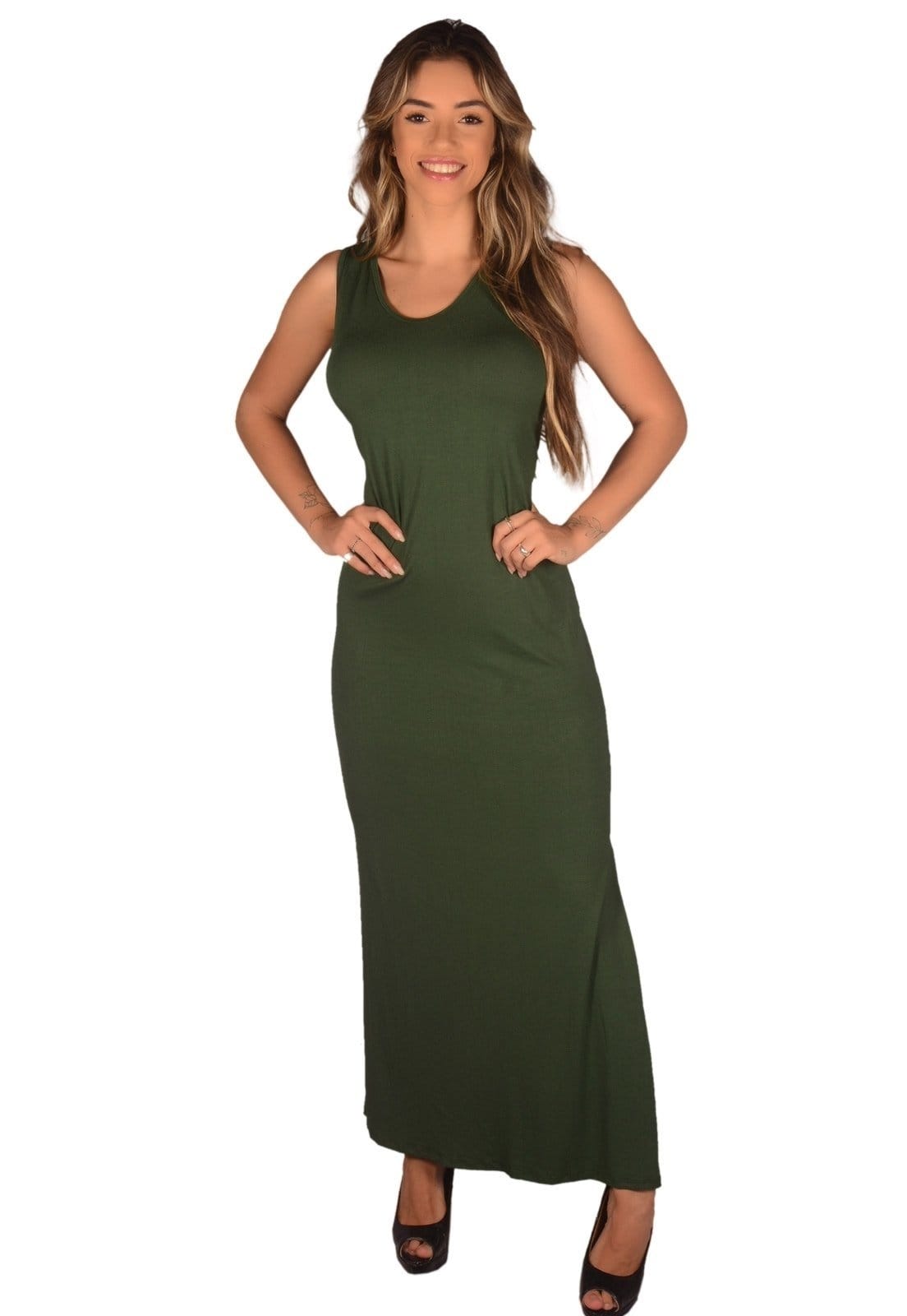 Vestido Longo Verde Militar Com Fenda Lateral