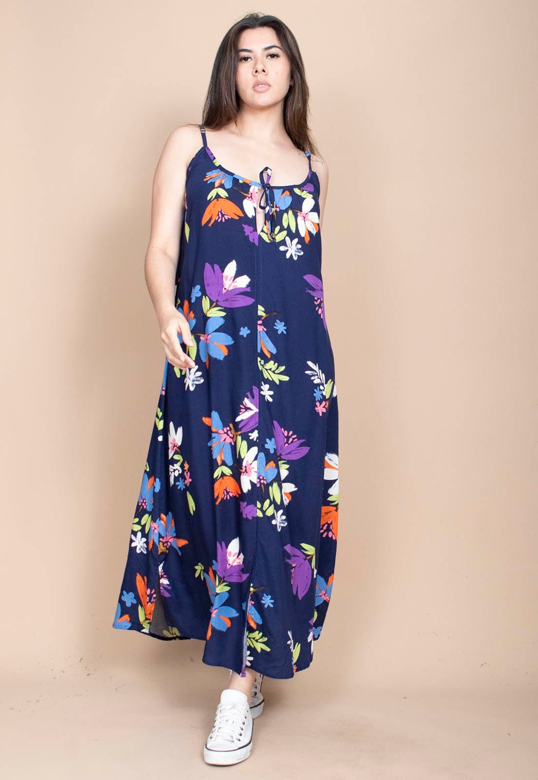 Vista principal Vestido Longo Cabanafree Caçuá Viscose Alça Fina Estampa Festa das Flores Azul Cabanafree estampado/laranja/roxo/verde azul