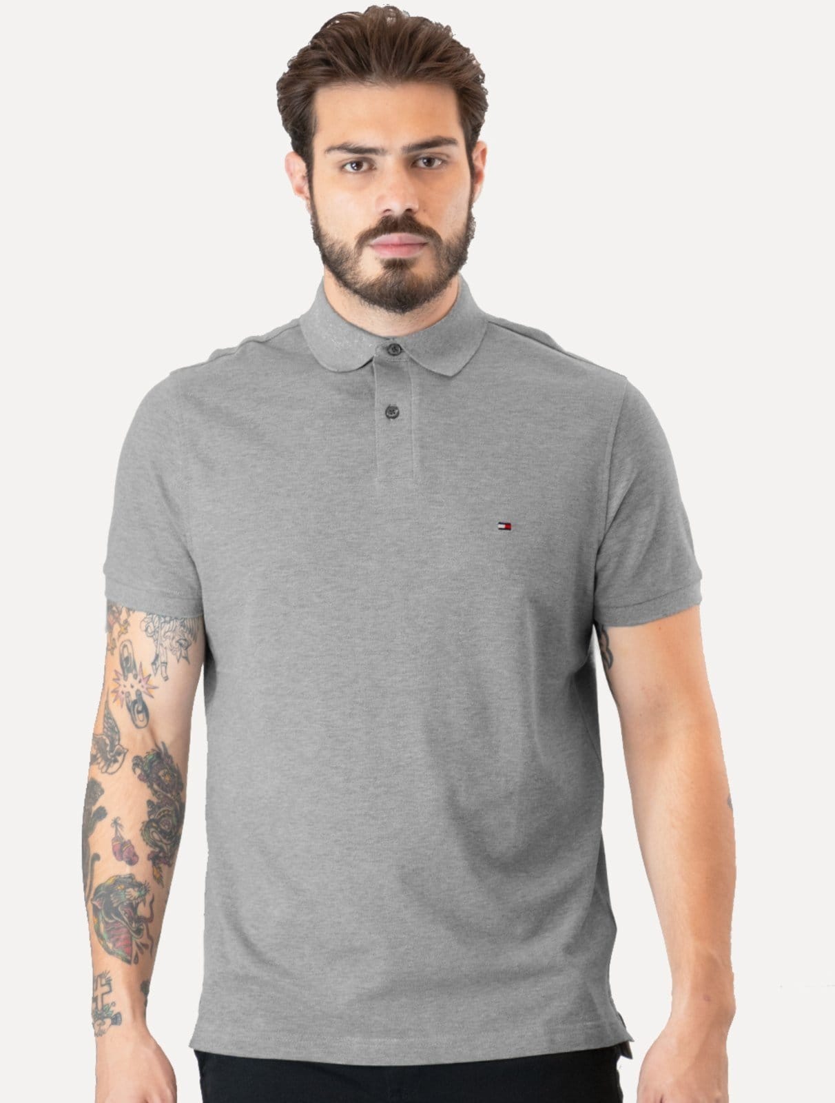 Vista principal Polo Tommy Hilfiger Masculina Regular 1985 Mescla Tommy Hilfiger cinza