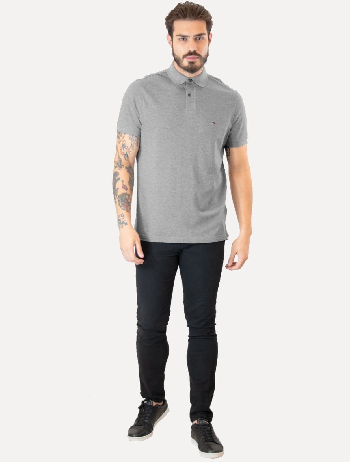 Vista 2 Polo Tommy Hilfiger Masculina Regular 1985 Mescla Tommy Hilfiger cinza