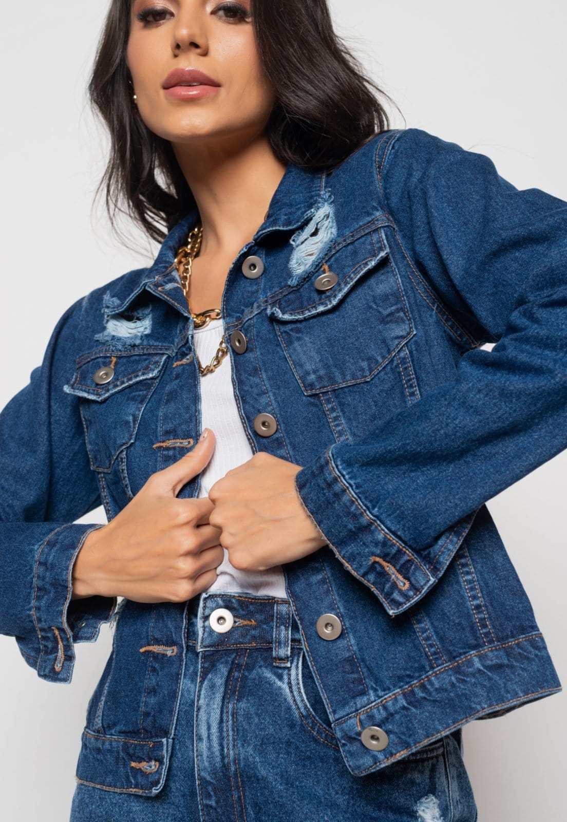 Vista principal Jaqueta Jeans Escura Com Rasgos Salvatore Fashion azul