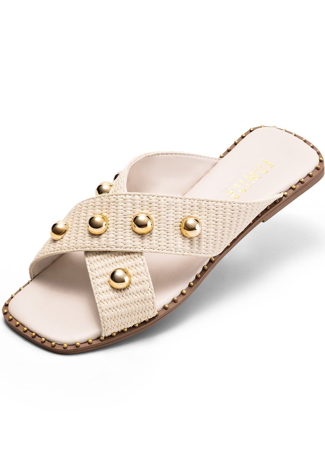 Sandália Rasteira Feminina Lumiss Confortável Juta Esfera Bico Quadrado Off White