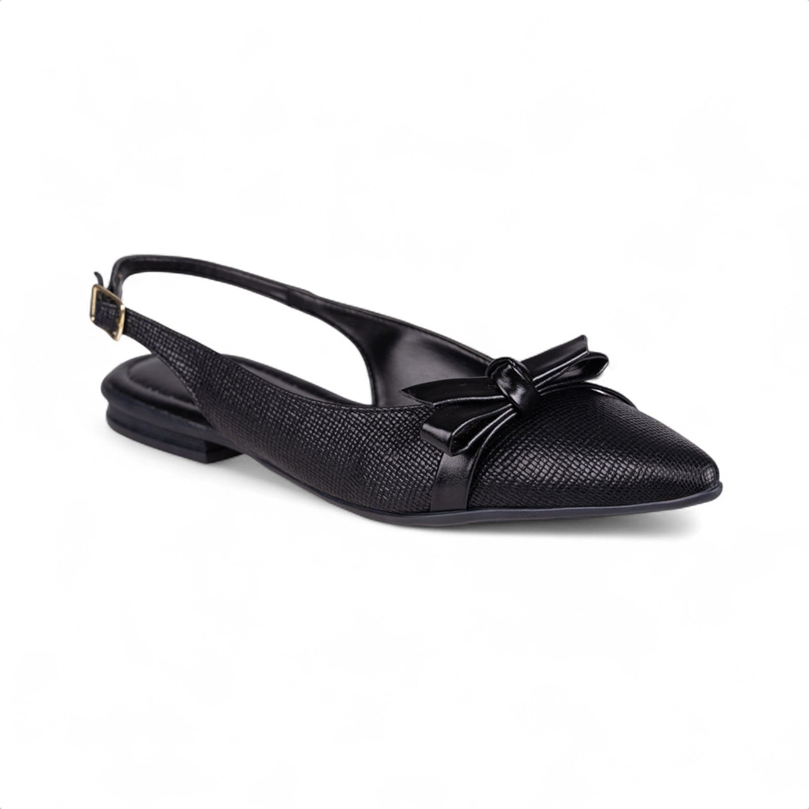 Sapatilha Slingback Fivela Bico Fino Tramado Laço Delicado