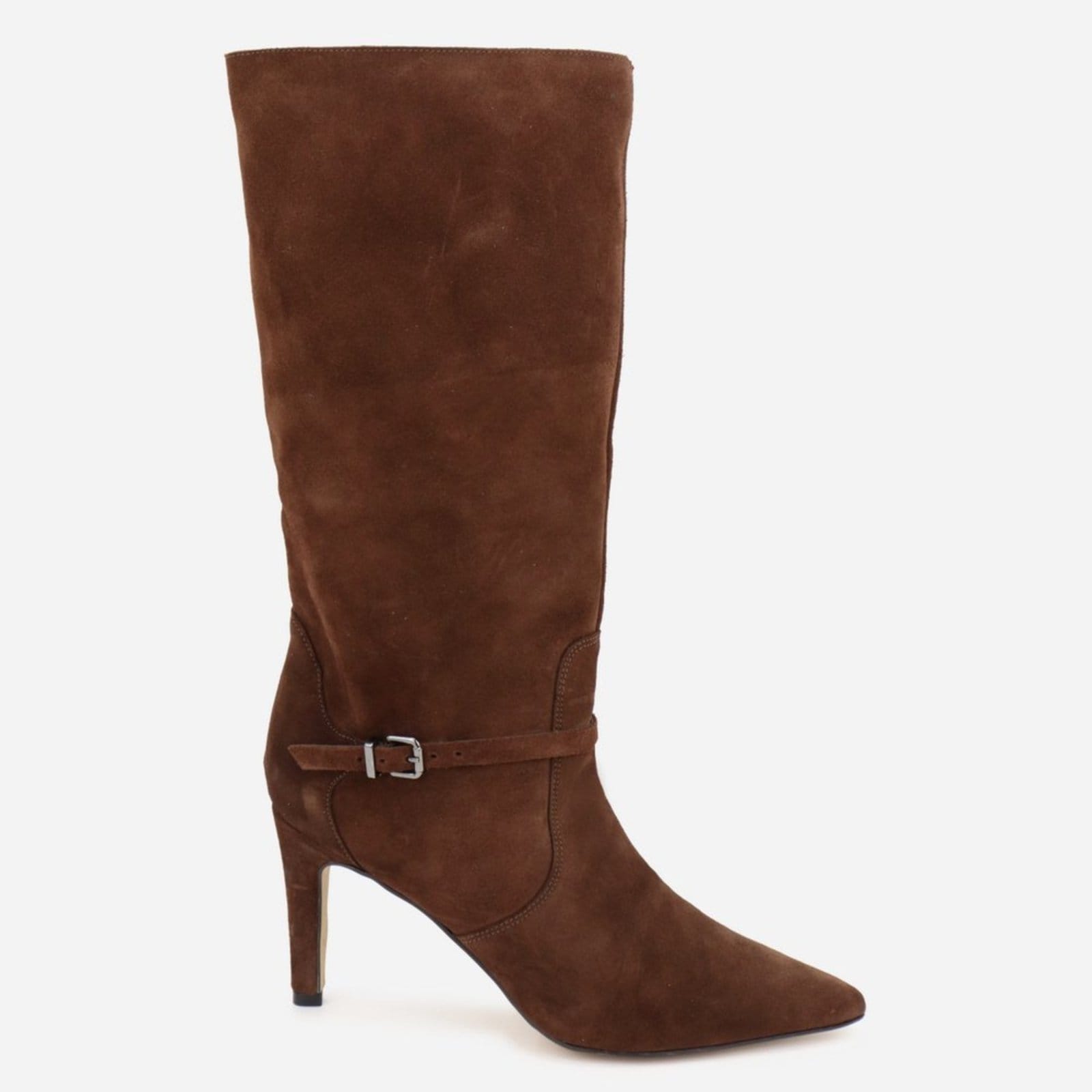 Vista 2 Bota Feminina Salto Fino Bico Fino Cano Alto e Dobrável Em Couro Maria Paula Camurça Expresso MARIA PAULA caramelo