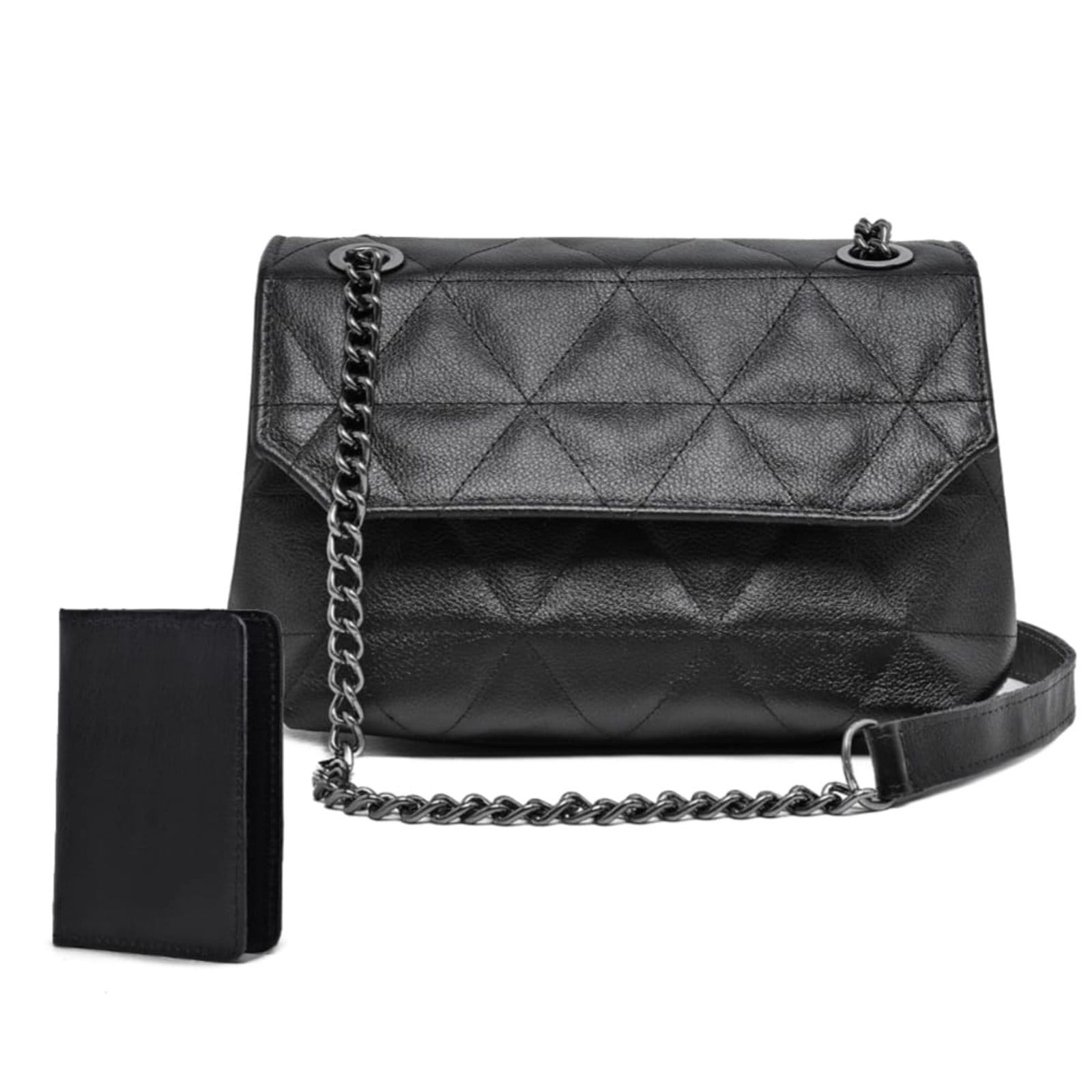 Bolsa De Couro Legitimo Feminina Preta Bordada Triangulo Alça De Ombro 2 Repartições E Carteira Kit