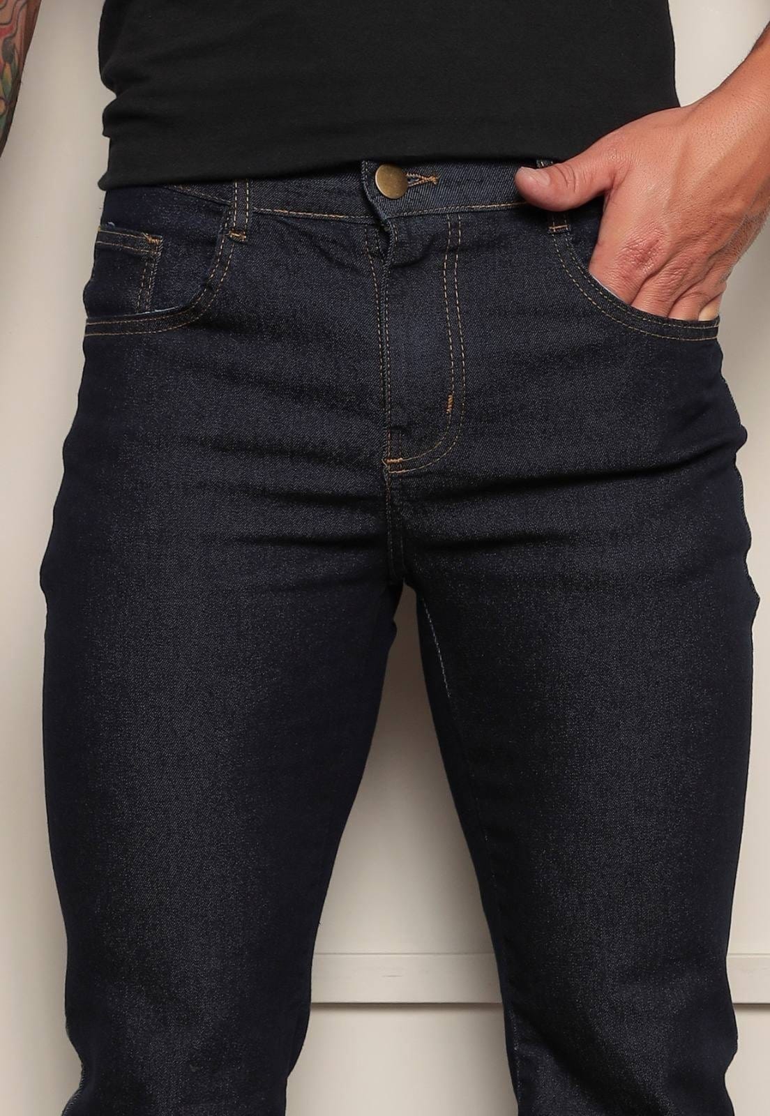 Vista 2 Calça Masculina Slim Mys Jeans Efeito Amaciado Confortável Escuro Ethereal Jeans azul
