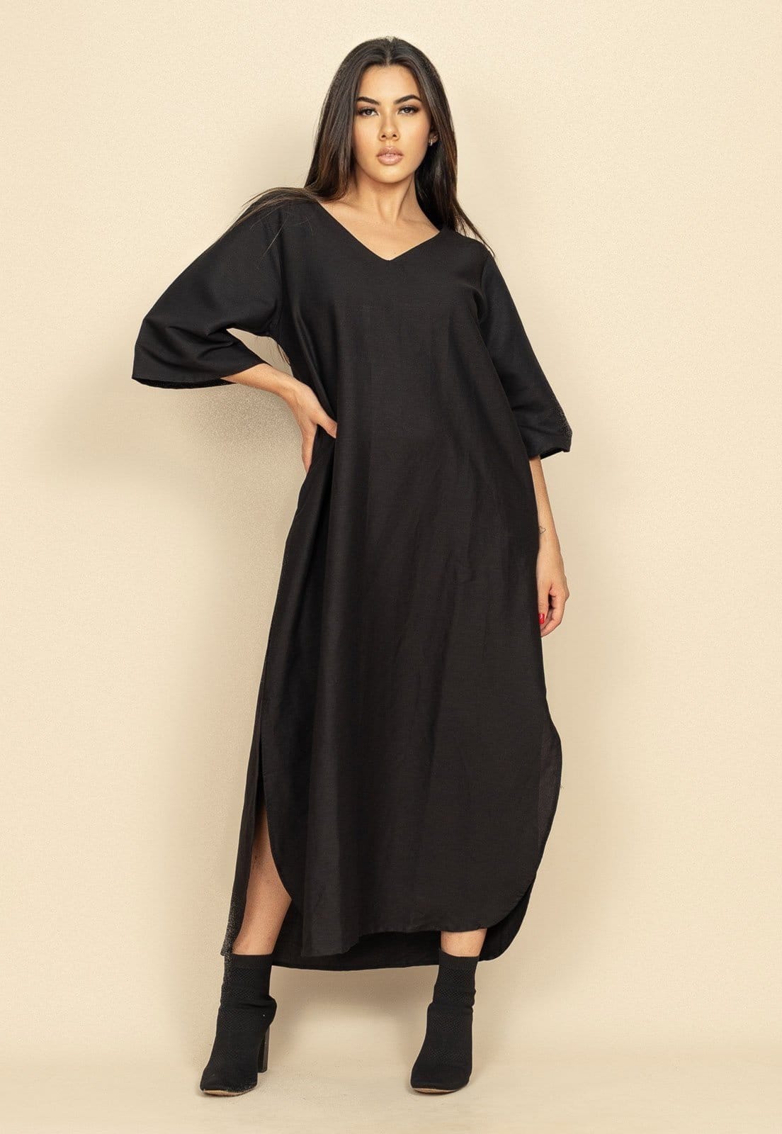 Vista principal Vestido Midi Linho Manga 3/4 Amazonia Vital preto