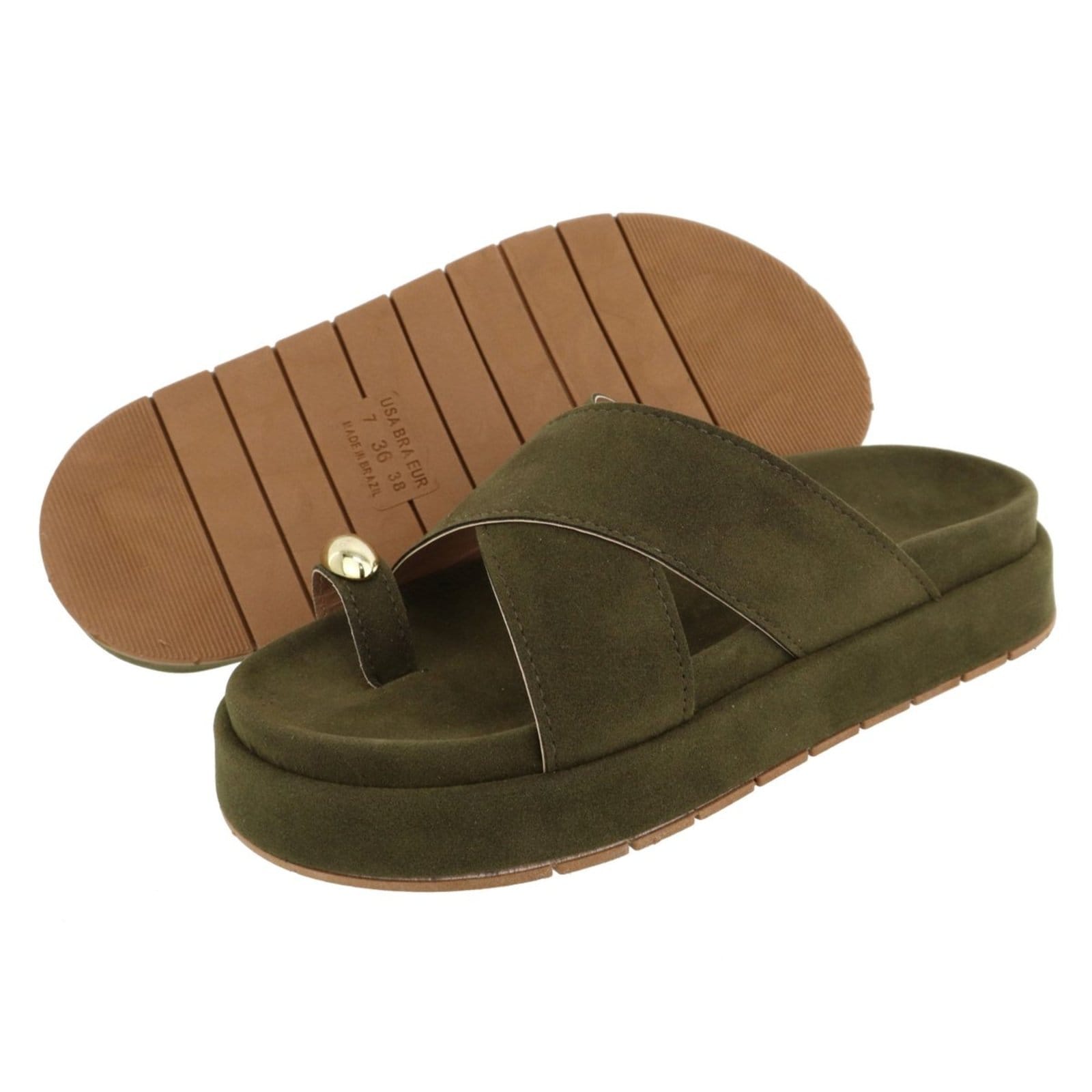 Vista 2 Sandália Papete Feminina em X Plataforma Sola Alta Camurça Verde Musgo TELLINI STORE marrom verde