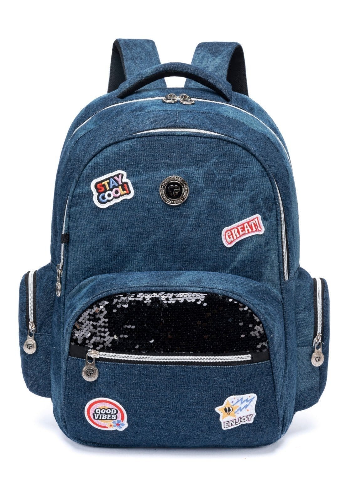 Vista principal Mochila Reforçada Bolsa Juvenil Feminina Escolar Uso Diário Ferrazzi jeans