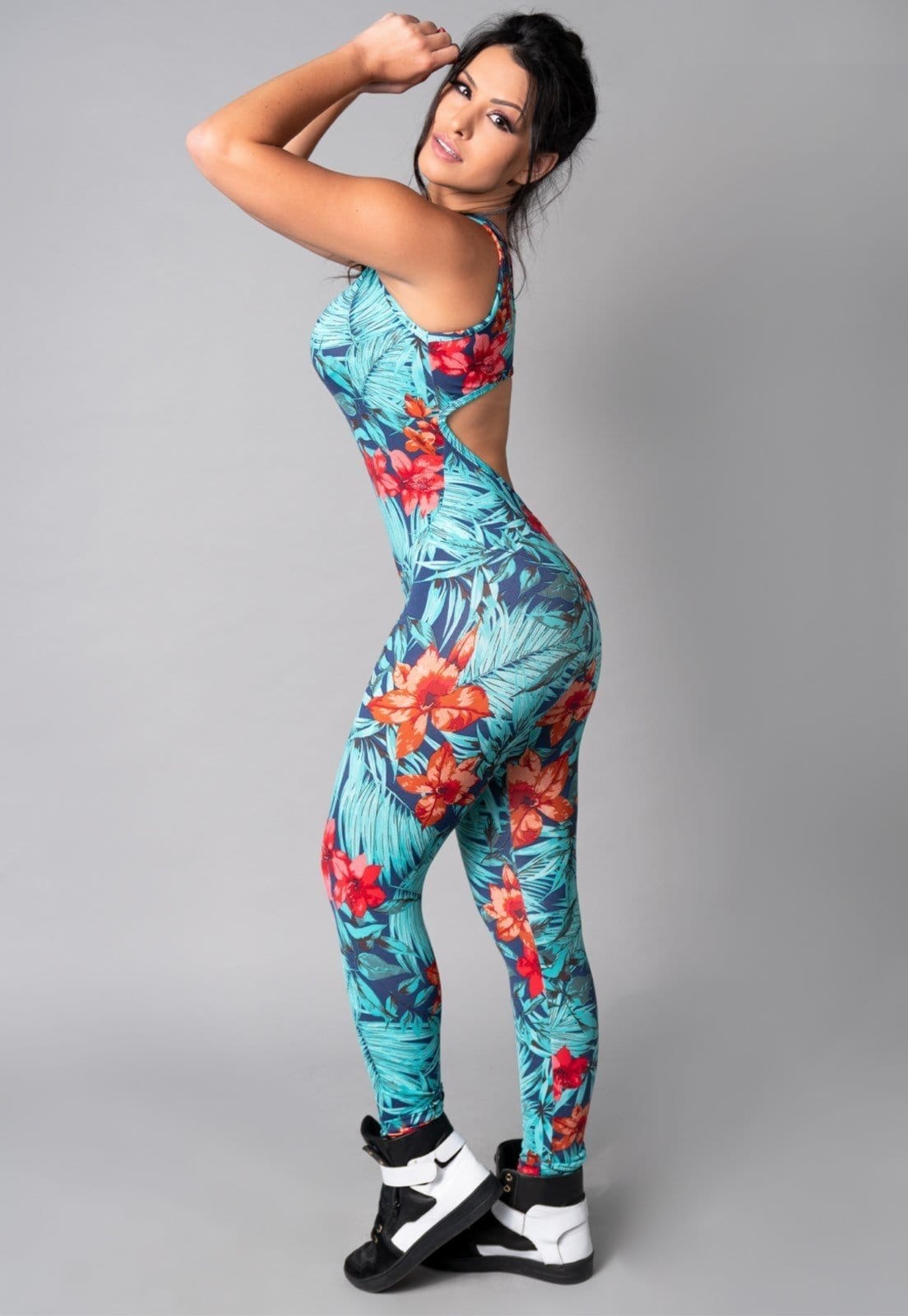 Vista 2 Macacão MVB Modas Longo Suplex Fitness Estampado Amazônia Mvb Modas azul