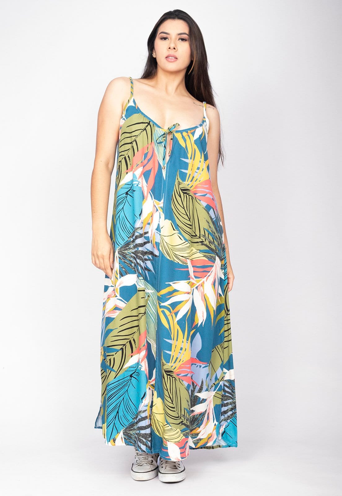 Vista 2 Vestido Longo Cabanafree Caçuá Viscose Alça Fina Estampa Brisa Botânica Cabanafree amarelo/estampado/laranja/verde