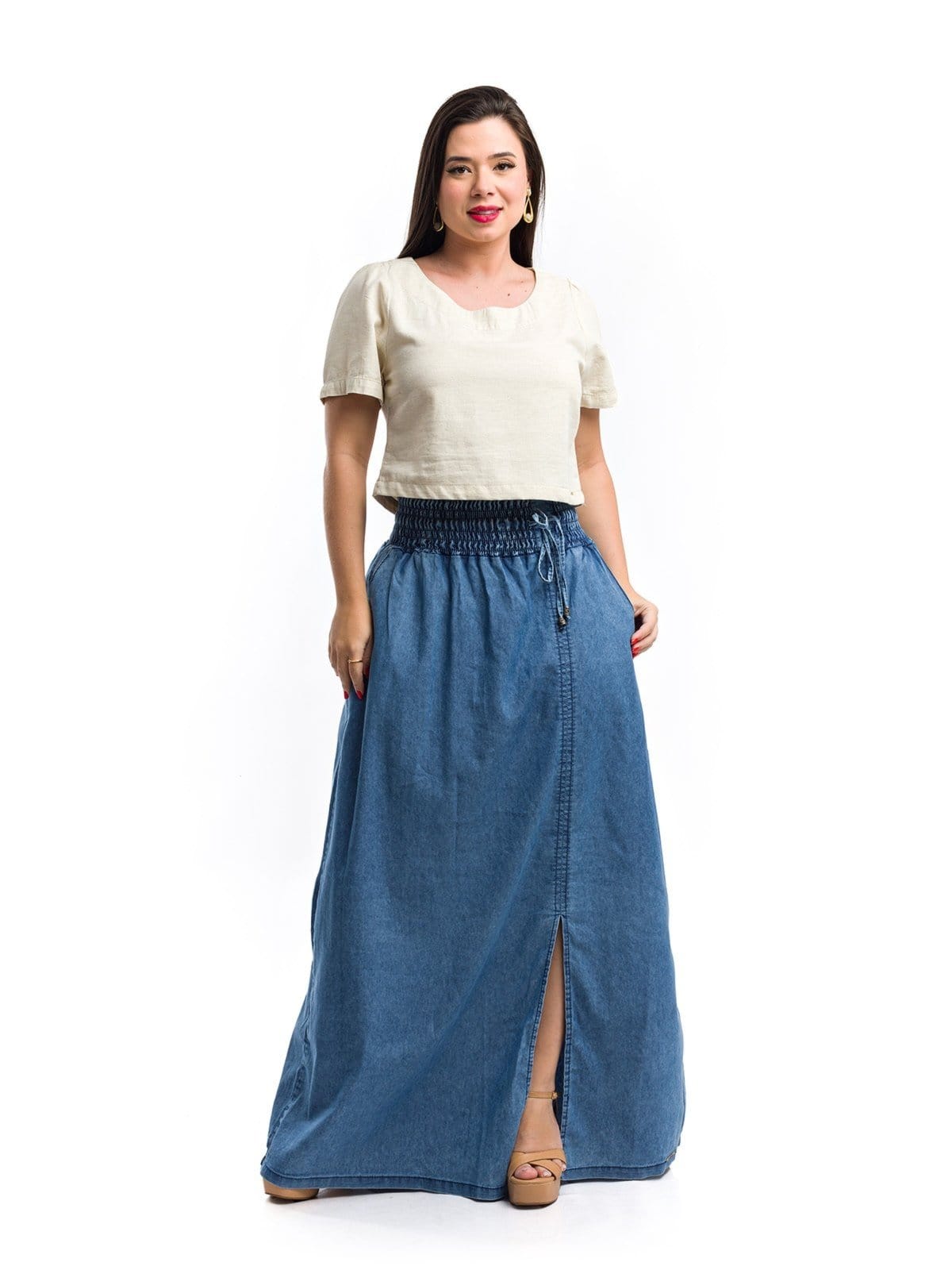 Vista 2 Saia Longa Restrito Jeans Com Lastex Restrito Jeans azul