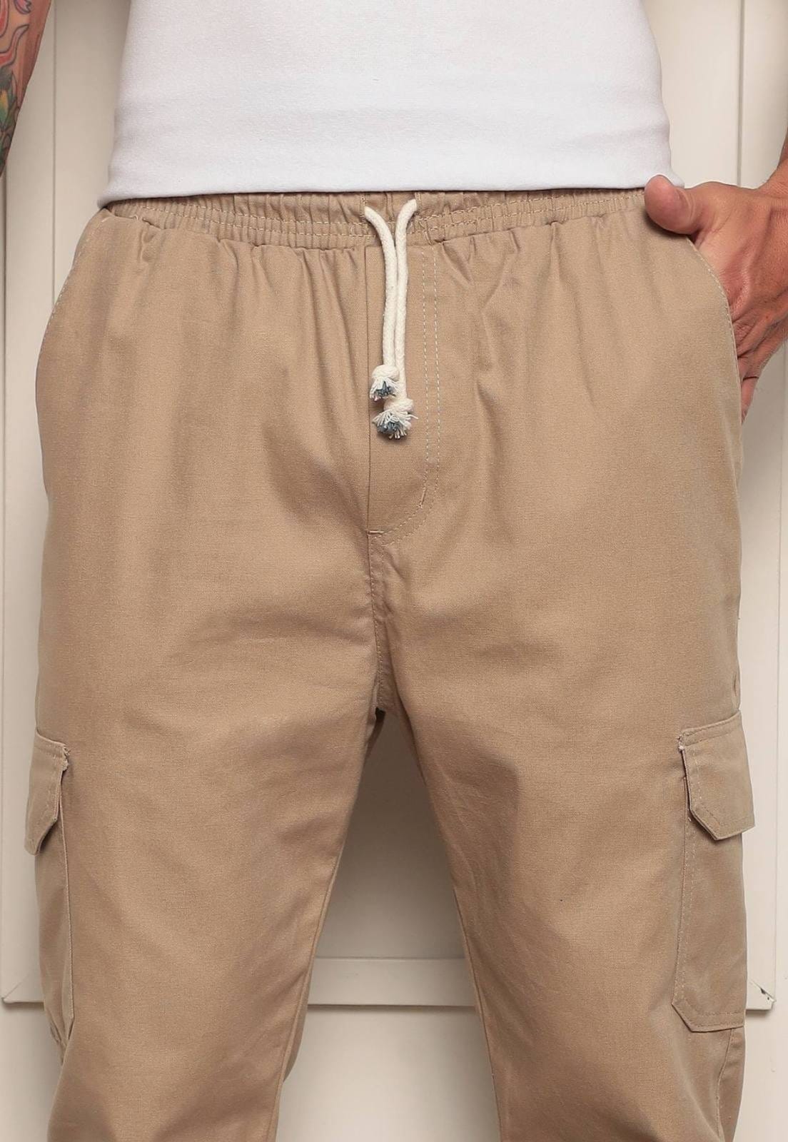 Calça Jogger Masculina Ethereal Jeans com Bolso Cargo Confortável Sem Punho Cáqui Claro - 2