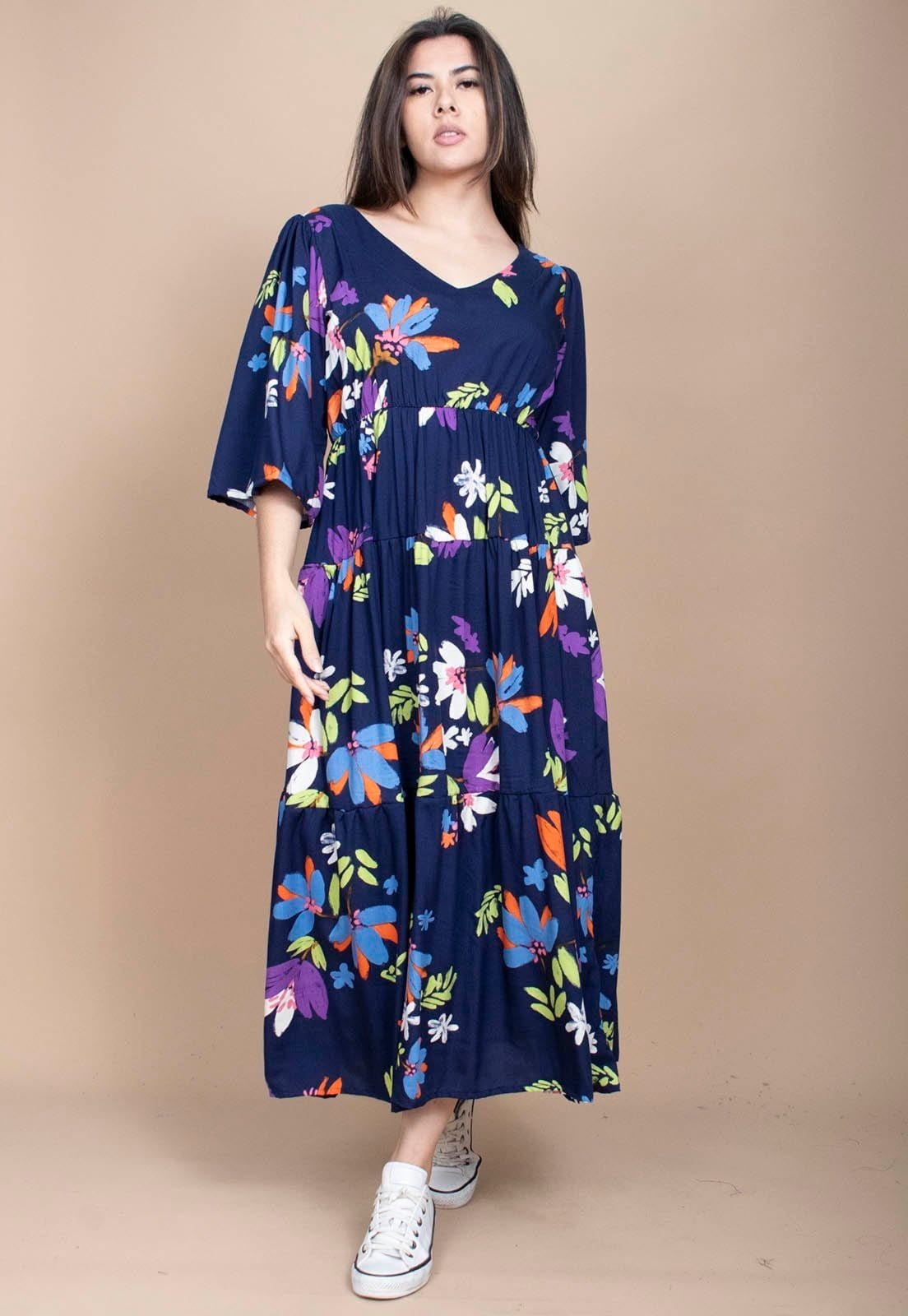 Vista 2 Vestido Longo Cabanafree Plano com Manga e Camadas Estampa Festa das Flores Cabanafree azul/estampado/laranja/lilás/verde azul