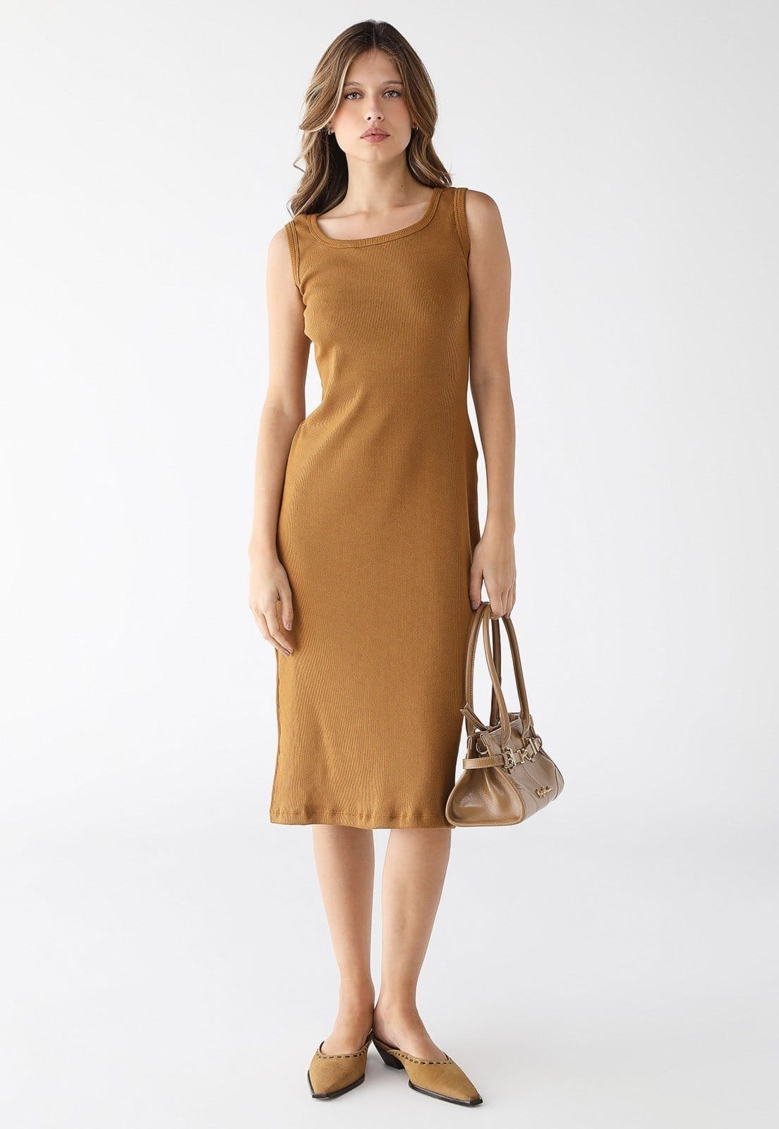 Vestido Midi Levosch De Alça E Fenda Ribana Mostarda