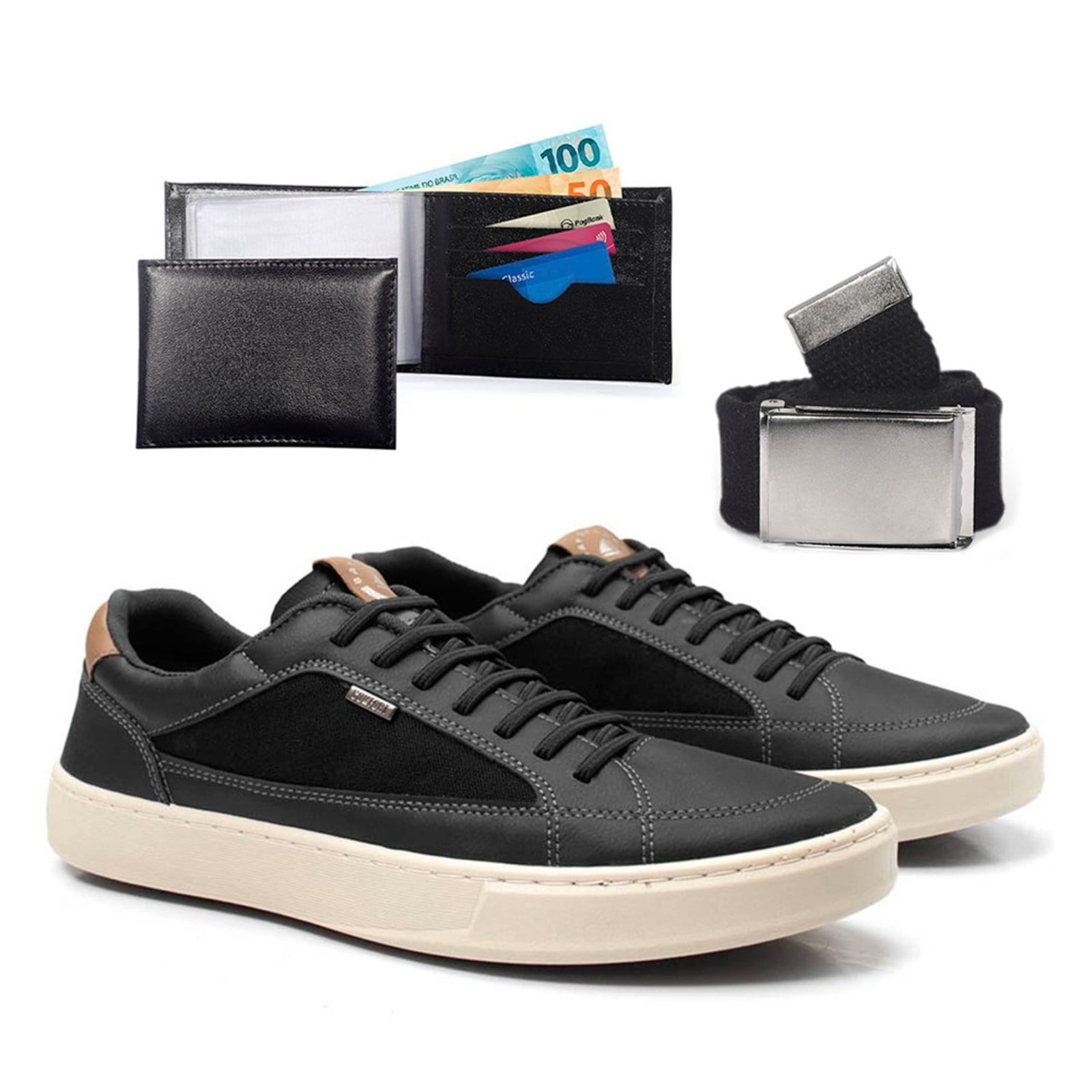 Vista principal Tenis Casual Masculino Com Carteira E Cinto Dia A Dia Bredeni Sapatenis Confortavel BREDENI preto