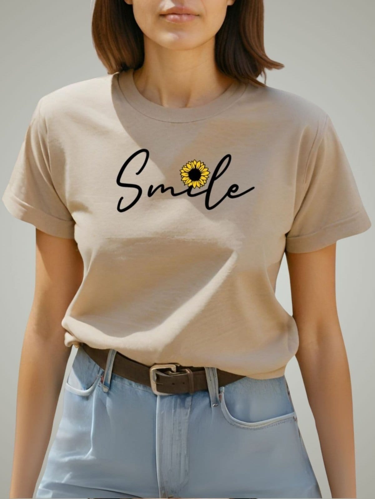 Camiseta Blusinha T-shirt Plus Size Feminina GuGi Smile Girassol Camisa Moda Caqui