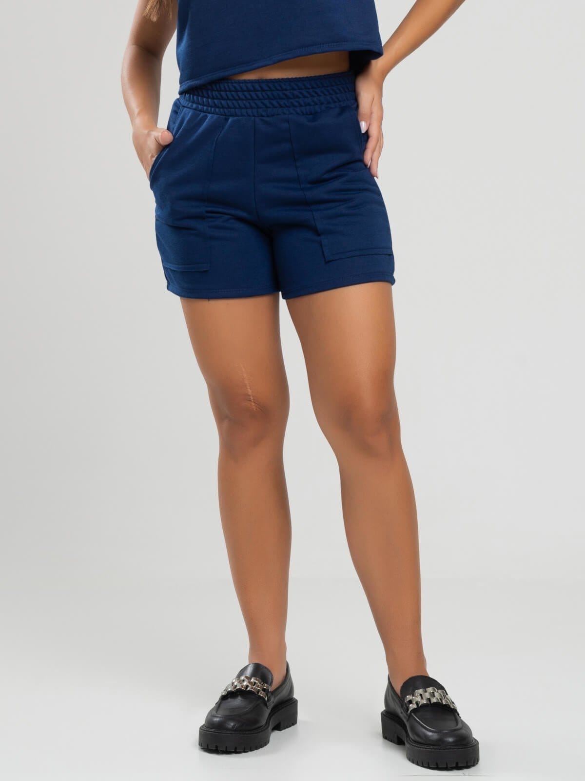 Short Curto Vicbela Cintura Alta Moletinho Marinho