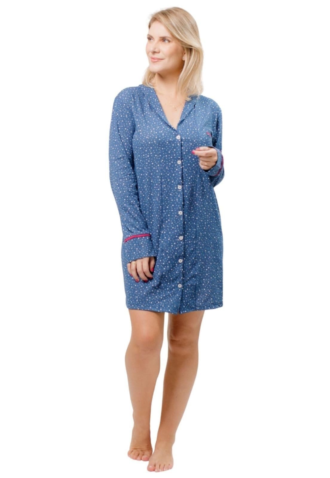 Vista principal Camisola Algodão Feminina Americana com Botão Botões Manga Longa Inverno Adulto indicado Gestante Amamentação e ós cirúgico Poá Piante azul