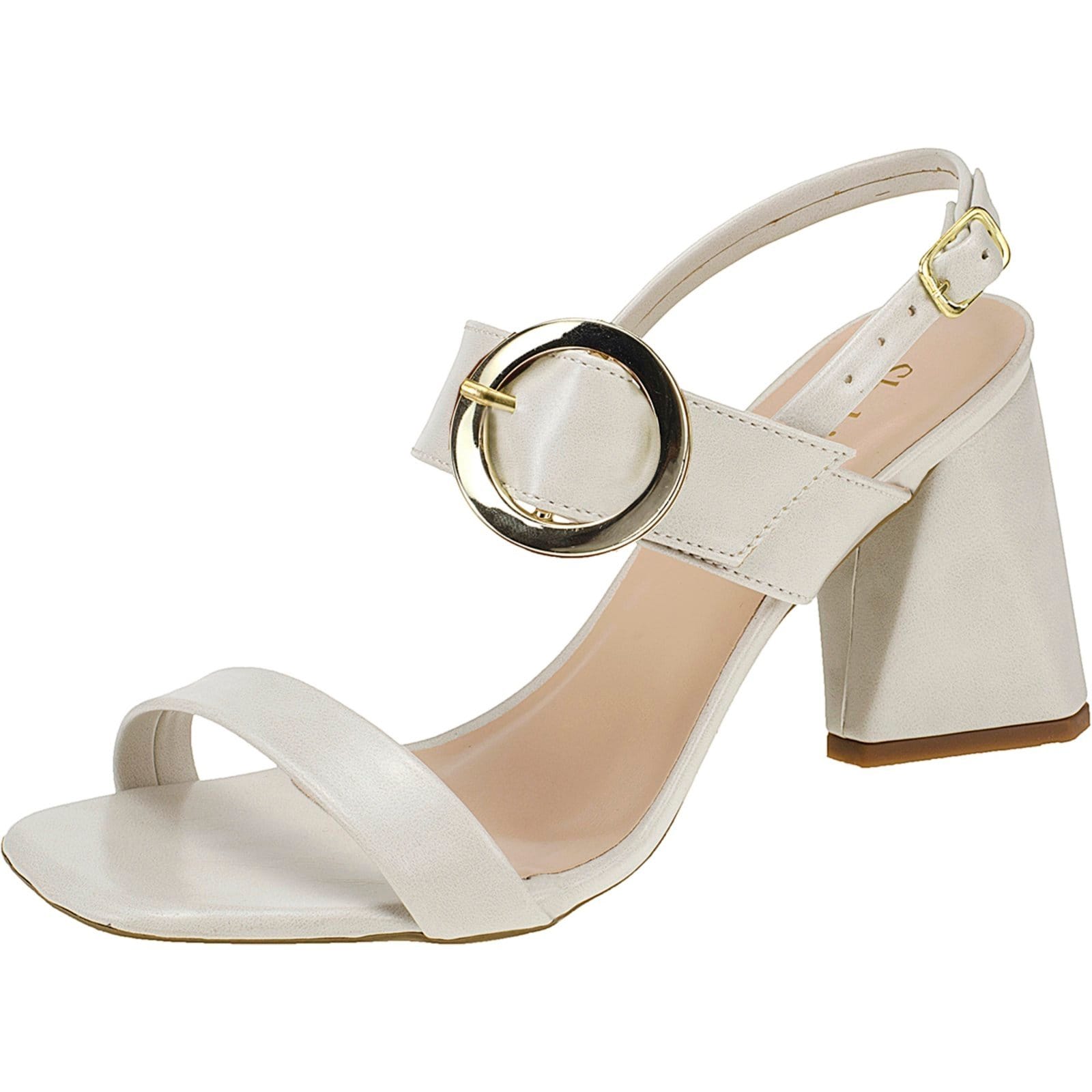 Sandália Feminina Salto Geométrico Shekinah Fivela Redonda Elegante Moderna Moda Festa Delicada Off White