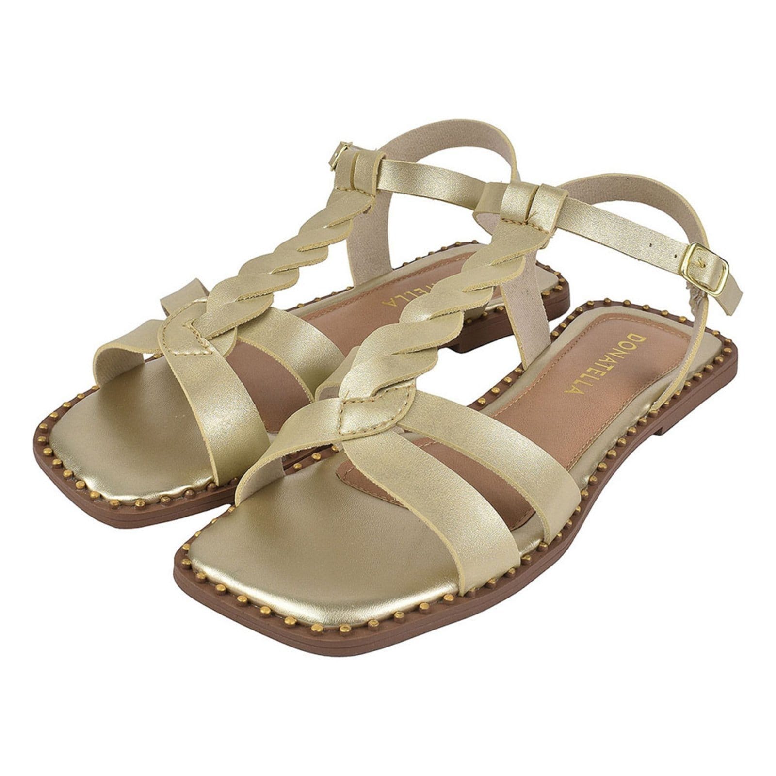 Vista principal Sandália Rasteira Feminina Bico Quadrado Donatella Shoes Rasteirinha Rebite Trança Napa Ouro Light Monte Shoes dourado