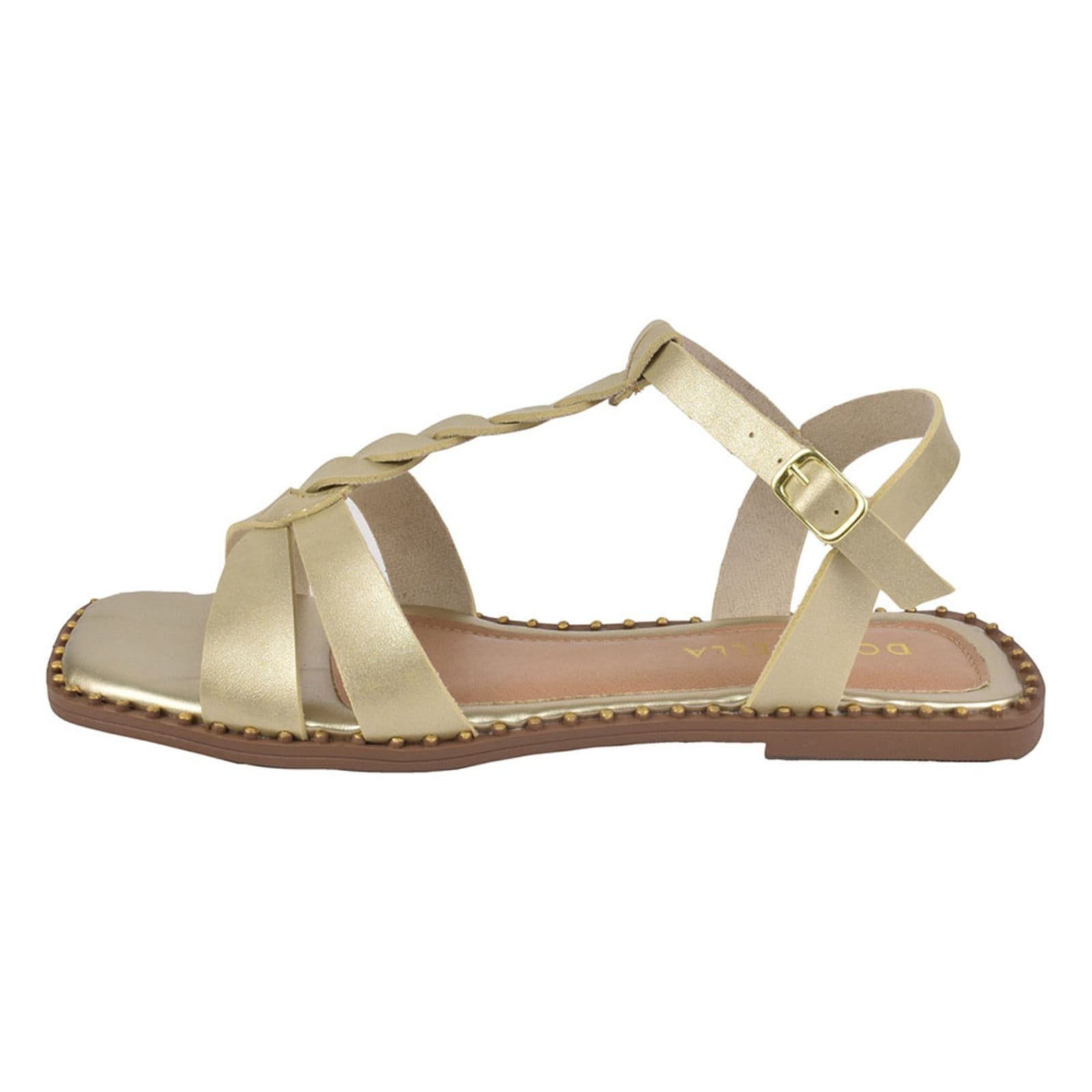 Vista 2 Sandália Rasteira Feminina Bico Quadrado Donatella Shoes Rasteirinha Rebite Trança Napa Ouro Light Monte Shoes dourado
