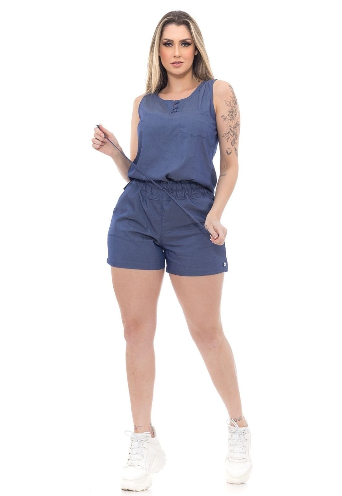 Conjunto Feminino Comfort Blue Blusa e Short Tencel Premium Cintura com elástico e ajuste Cordão - Azul