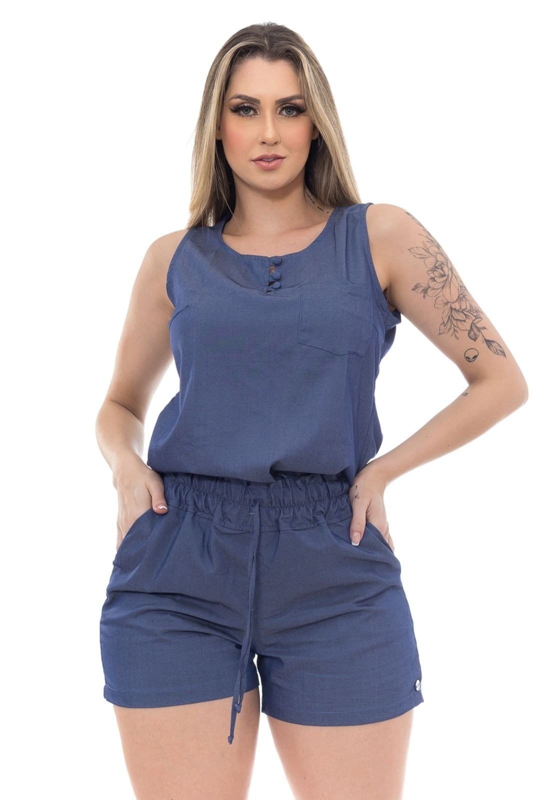 Vista 2 Conjunto Feminino Comfort Blue Blusa e Short Tencel Premium Cintura com elástico e ajuste Cordão - Azul Docce Mulher azul blue