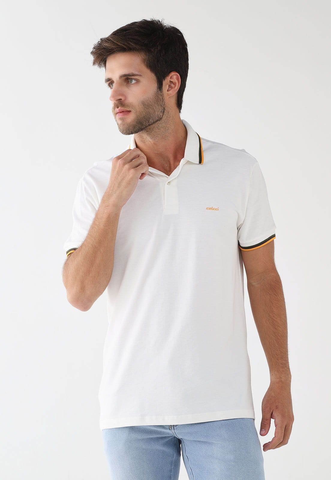 Vista principal Polo Masculina Colcci Listras Gola Branca Colcci branco