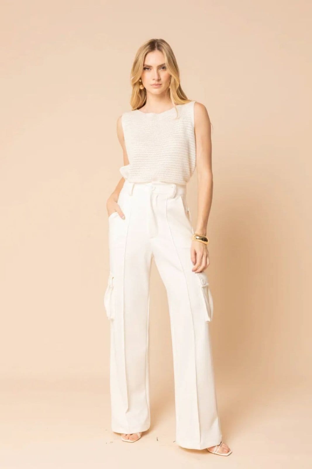 Vista principal Calça Cargo Com Friso Lia - OffWhite VIC BRAND branco offwhite