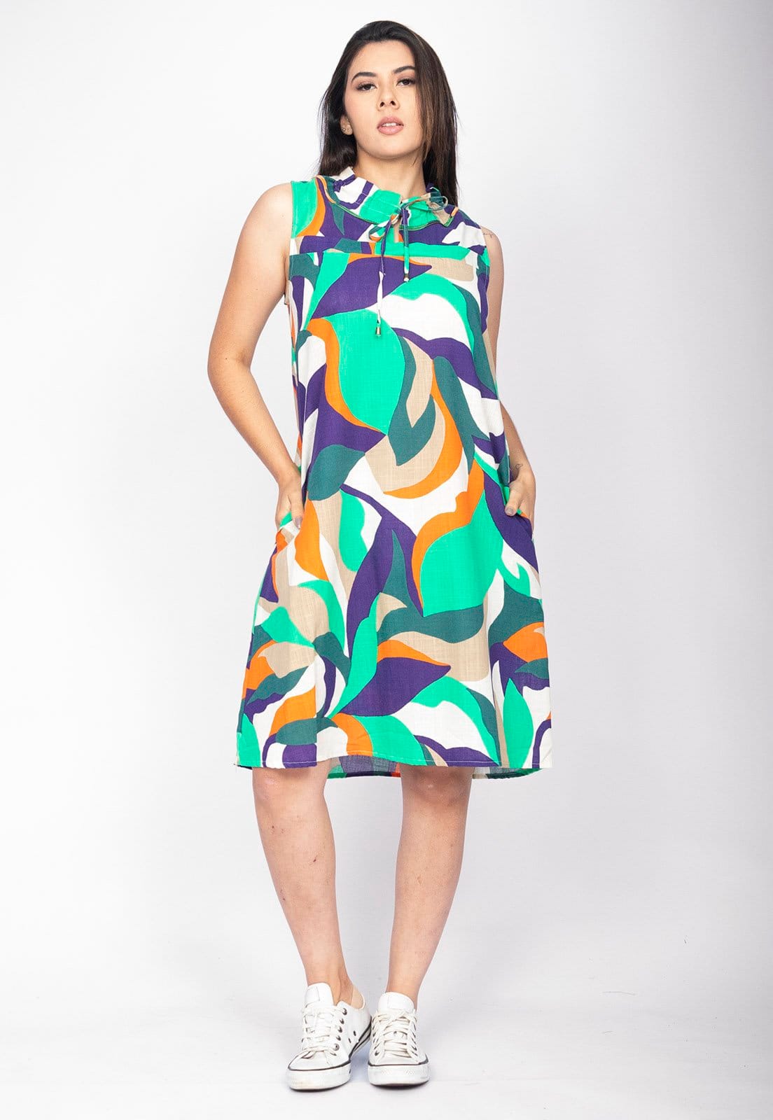 Vista principal Vestido Midi Cabanafree Viscose Piaf Brisa do Mar Cabanafree estampado/laranja/verde