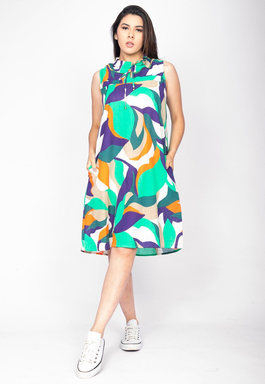 Vista 2 Vestido Midi Cabanafree Viscose Piaf Brisa do Mar Cabanafree estampado/laranja/verde