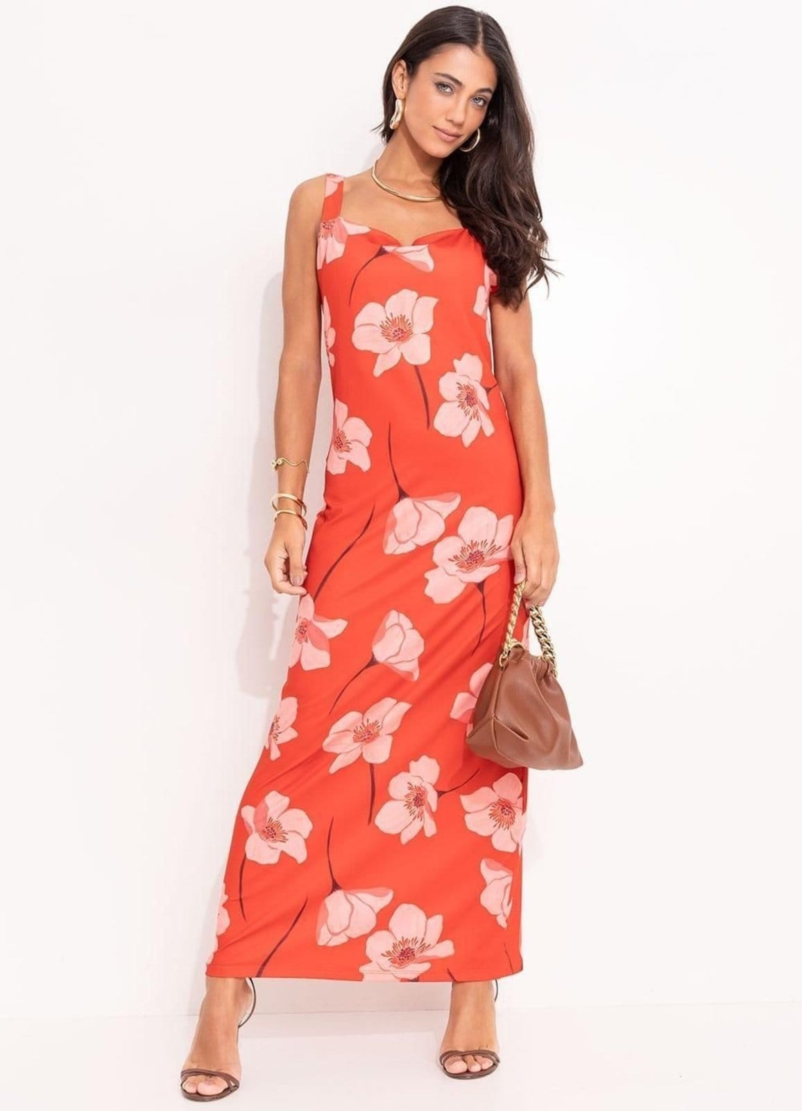 Vestido Longo Malha Fria Flores Colorido