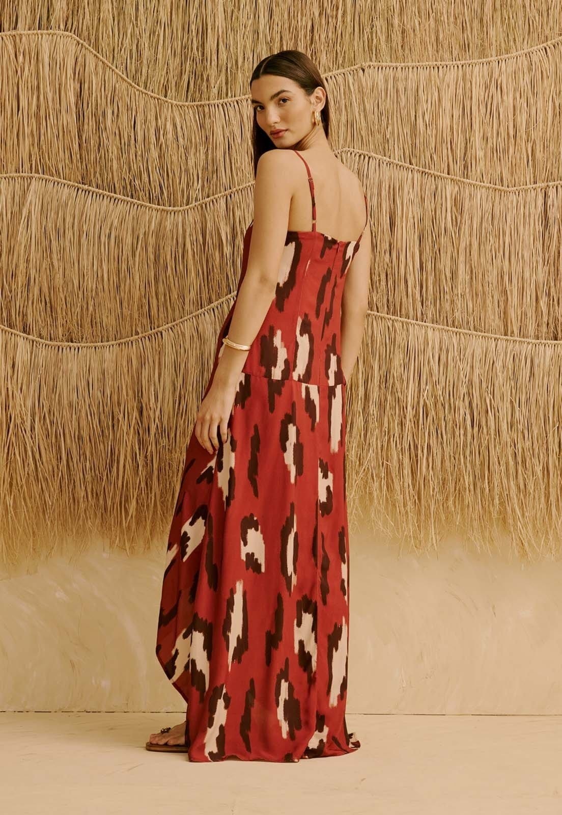 Vista 2 Vestido Longo Drop Waist Estampado Chimu CaCay marrom