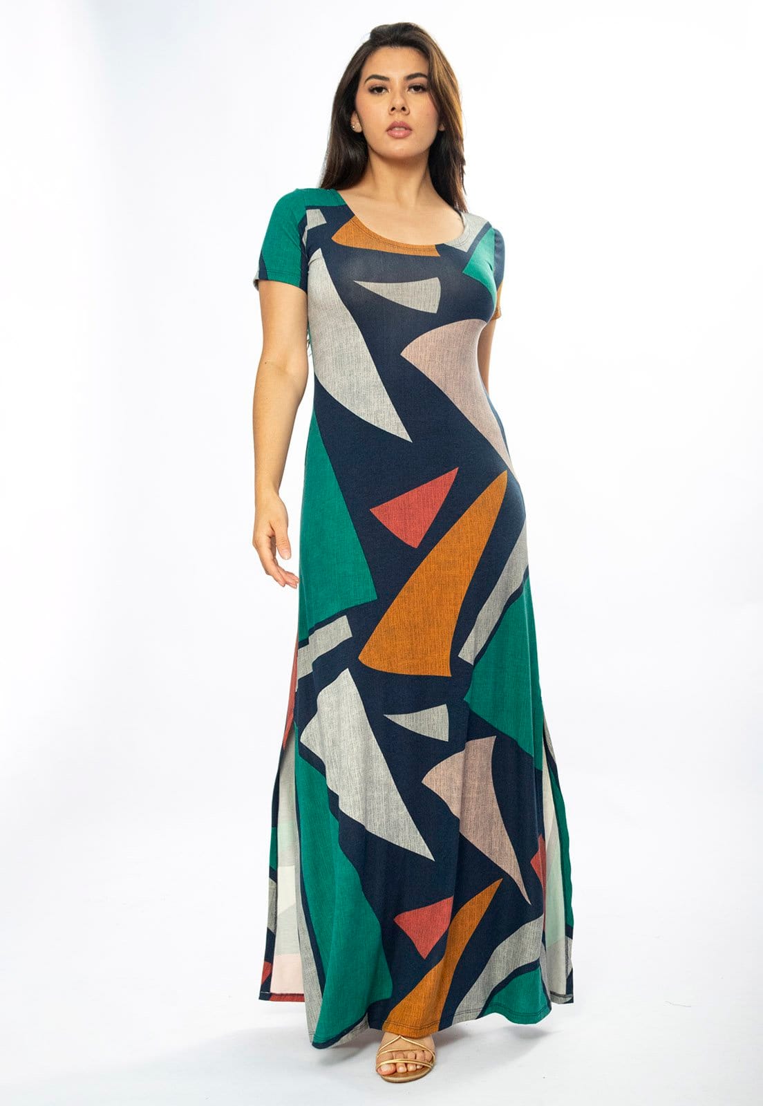 Vestido Longo Amazônia Vital Malha Gola Canoa Manga Curta Geometrias do Tempo