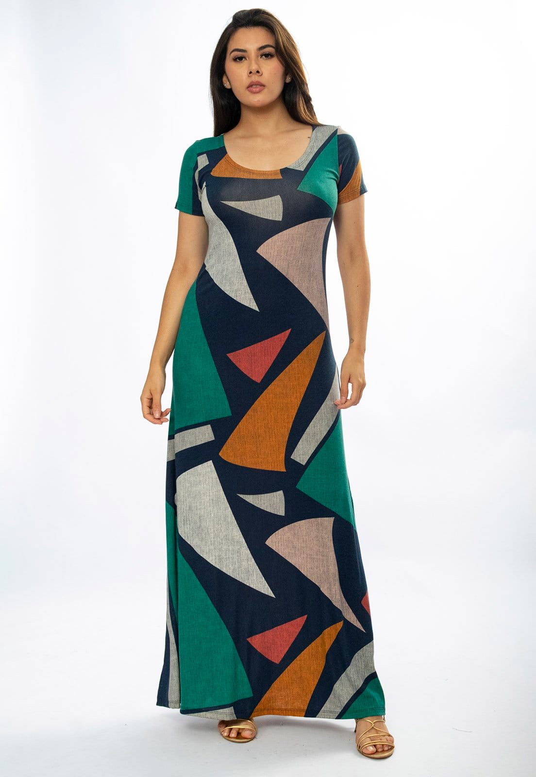 Vista 2 Vestido Longo Amazônia Vital Malha Gola Canoa Manga Curta Geometrias do Tempo Amazonia Vital azul marinho/estampado/laranja/verde