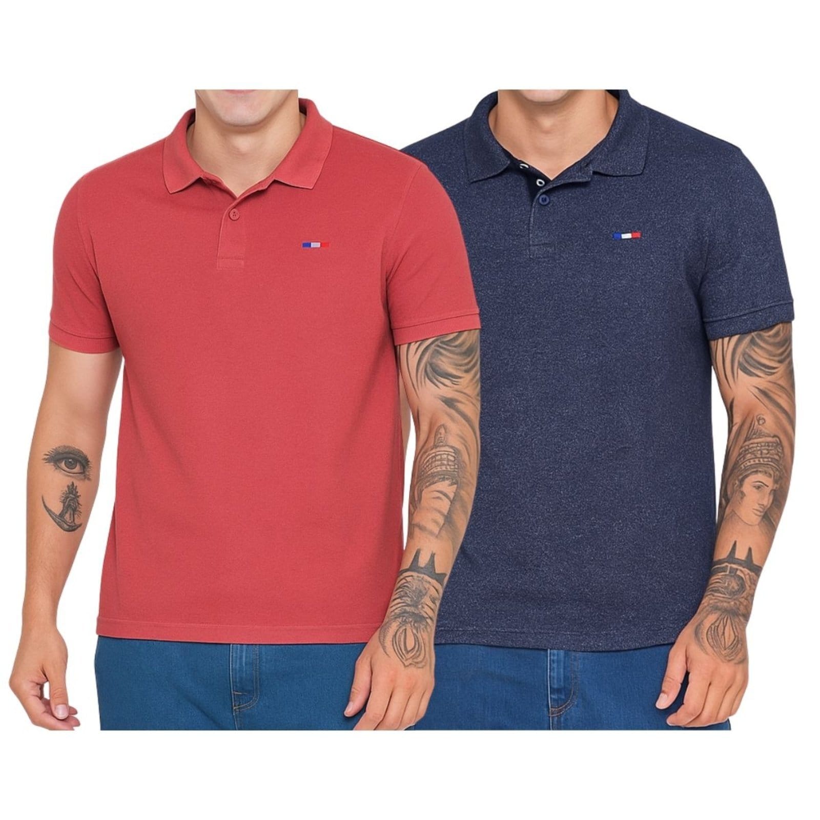 Kit 2 Polos Masculina Básicas FMF e Azul Jeans Piquet no Estilo Tommy Bordado França