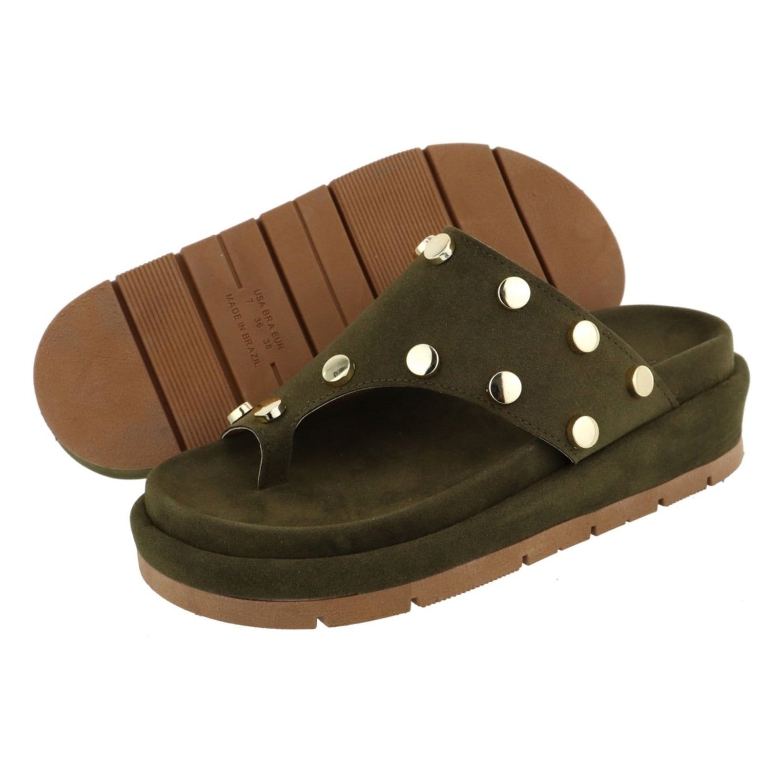 Vista 2 Sandália Papete Feminina Sola Alta Bolinhas Camurça Verde Musgo TELLINI STORE marrom verde