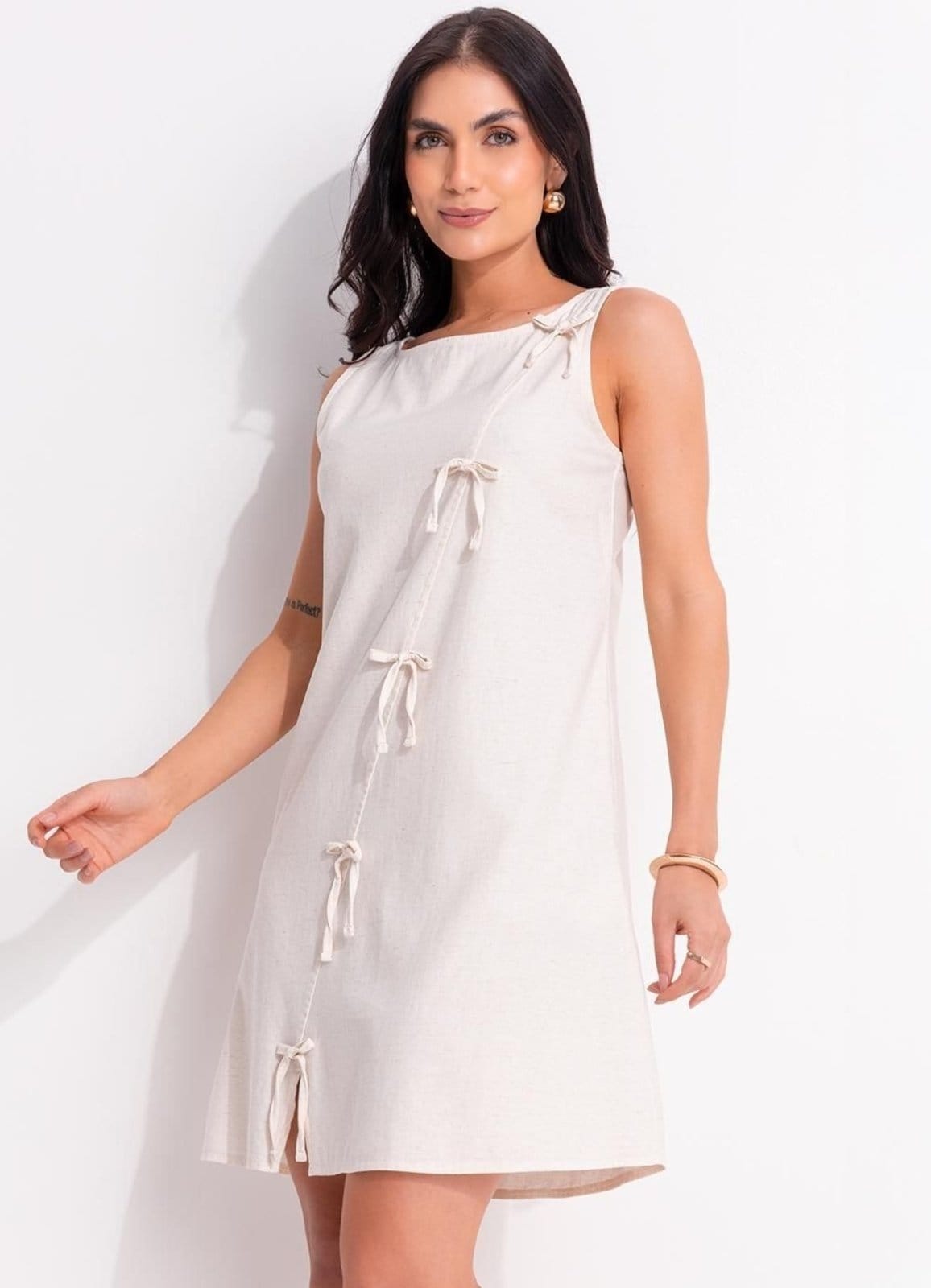 Vista principal Vestido Em Linho Quintess Natural Quintess bege natural