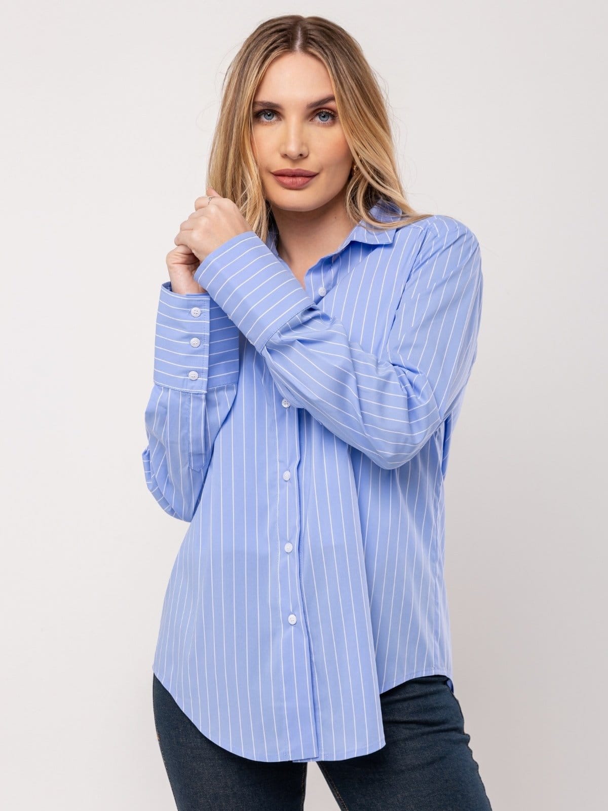 Vista 2 Camisa social Boyfriend listrada POLLEN azul