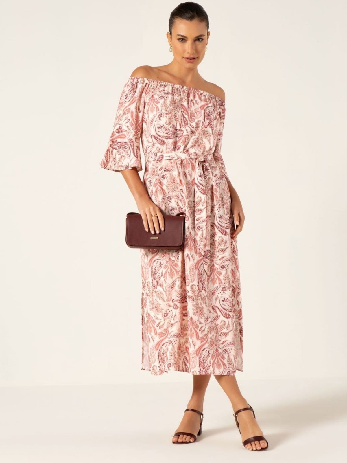 Vestido Principessa Midi de Viscose Estampada Paisley Kate