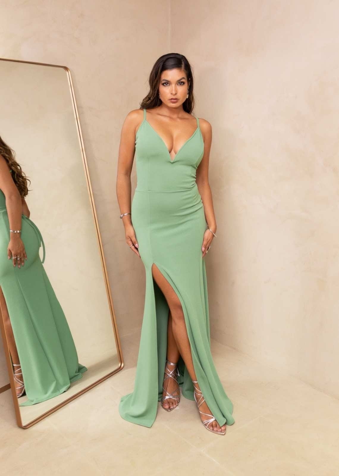 Vista principal Vestido Longo de Festa Alcinha Decotado Tubinho Sereia com Fenda Piné Oliva Cia do Vestido verde/verde oliva verde