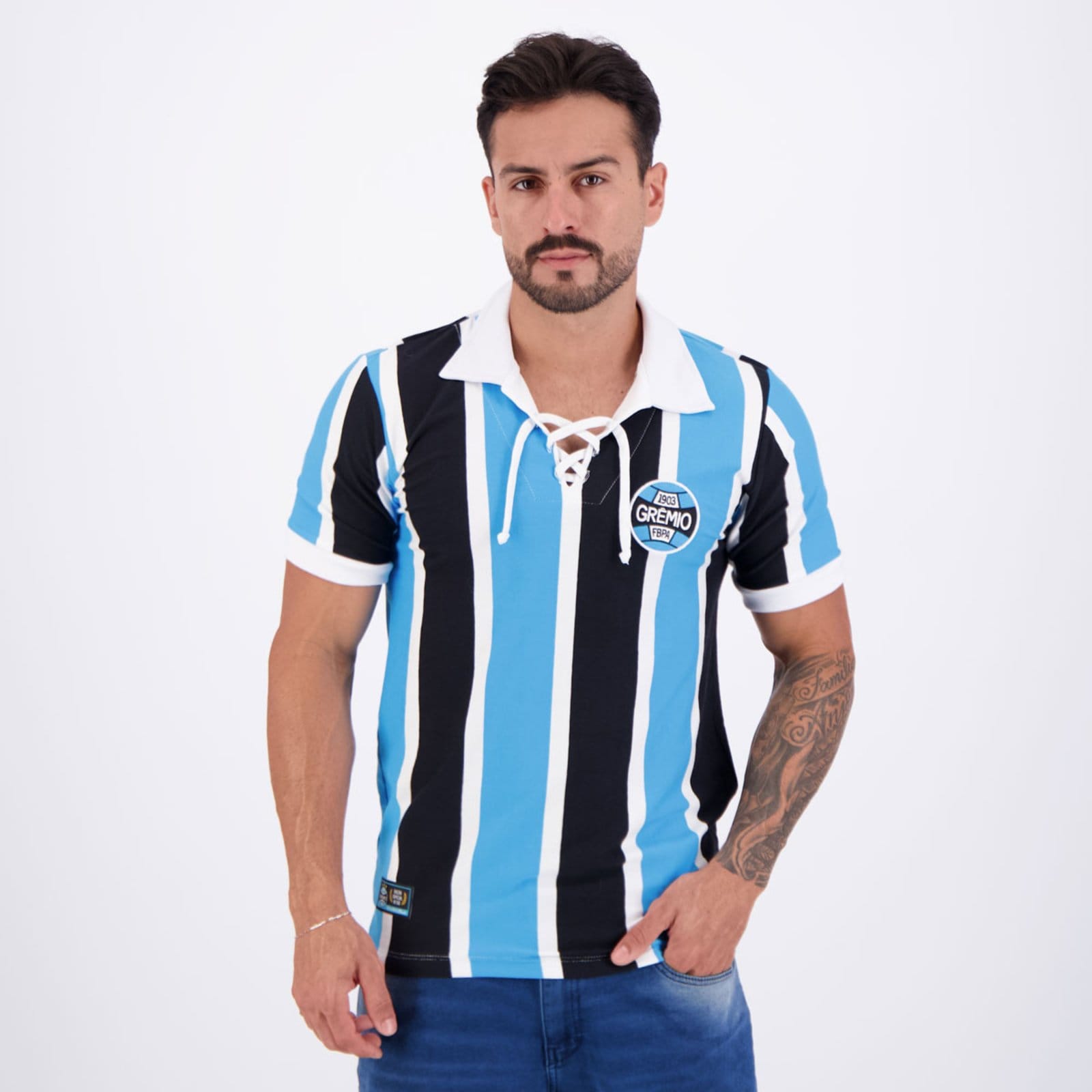 Vista principal Camisa Grêmio Retrô Cordinha Listrada Retrômania azul
