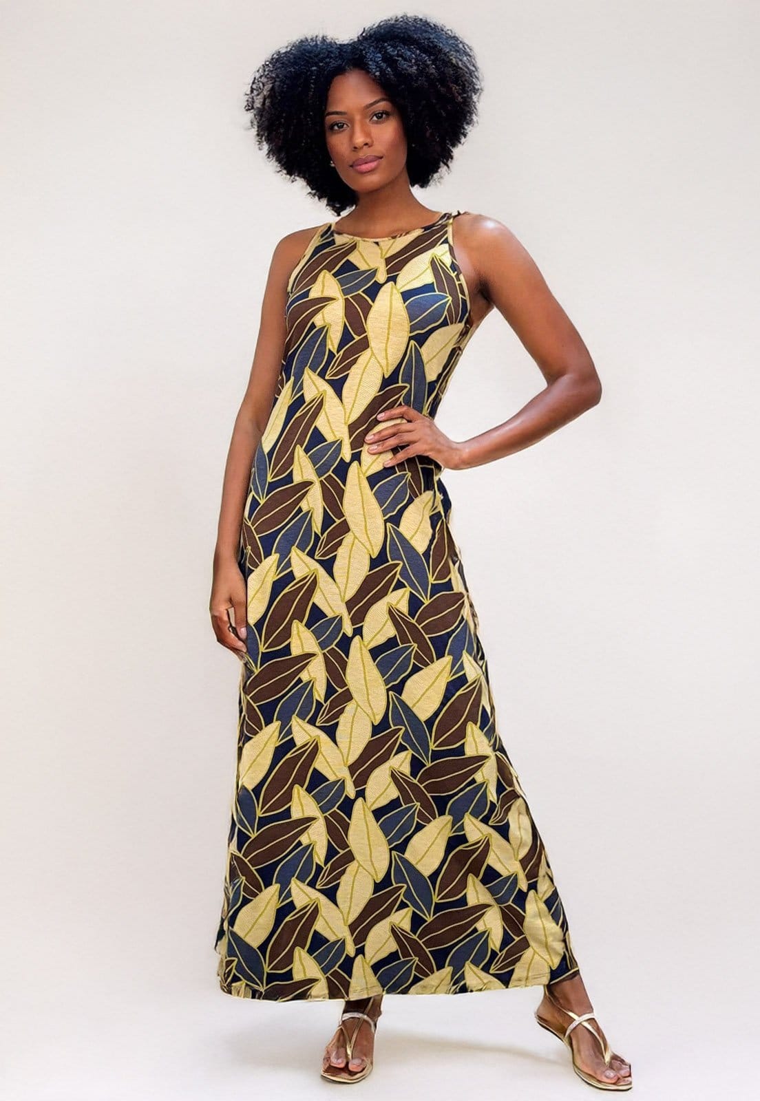 Vestido Longo Cabanafree Malha Trapézio Estampa Folhas de Outono