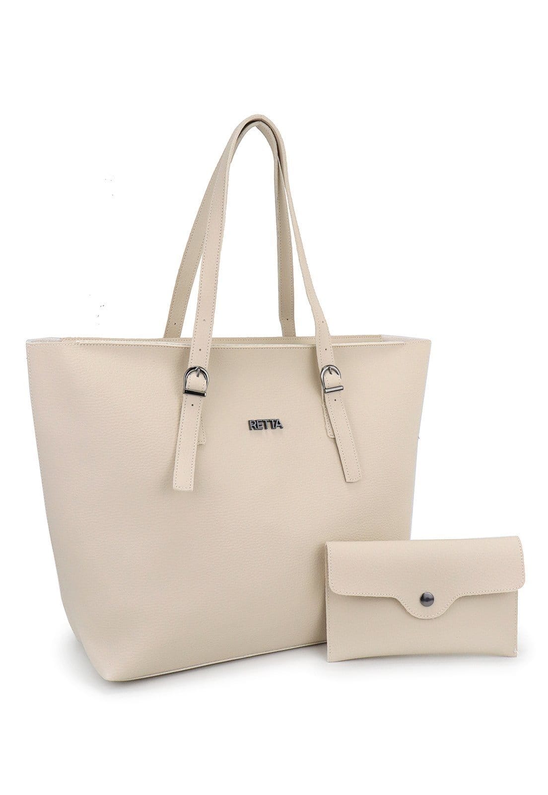 Bolsa Feminina Grande de Ombro Alça Regulável e Nécessaire Retta Marfim